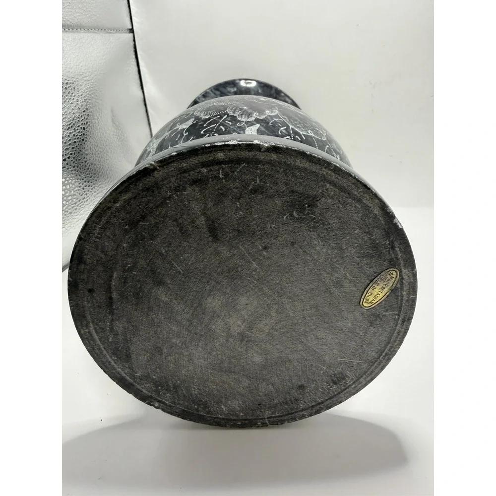 Vintage Black‎ Marble Stone Vase Floral Etched 9.5